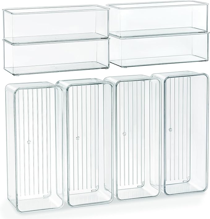 Qilinba 8 PACK Drawer Organizer Bins Bathroom Deep Drawer Organizer Tray for Cutlery Vanity Make-up, Clear Stackable Storage 