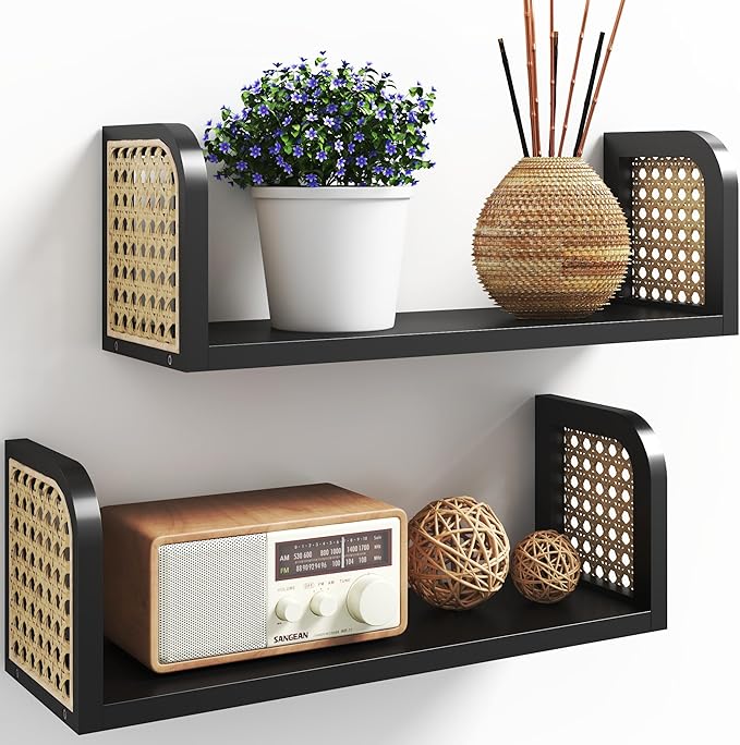 Black Rattan Shelf Set of 2, Nursery Shelves Wall Mounted, Natural Hanging Bookshelf Storage, Boho Decorative Floating Shelve