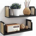 Black Rattan Shelf Set of 2, Nursery Shelves Wall Mounted, Natural Hanging Bookshelf Storage, Boho Decorative Floating Shelve