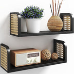 Black Rattan Shelf Set of 2, Nursery Shelves Wall Mounted, Natural Hanging Bookshelf Storage, Boho Decorative Floating Shelve