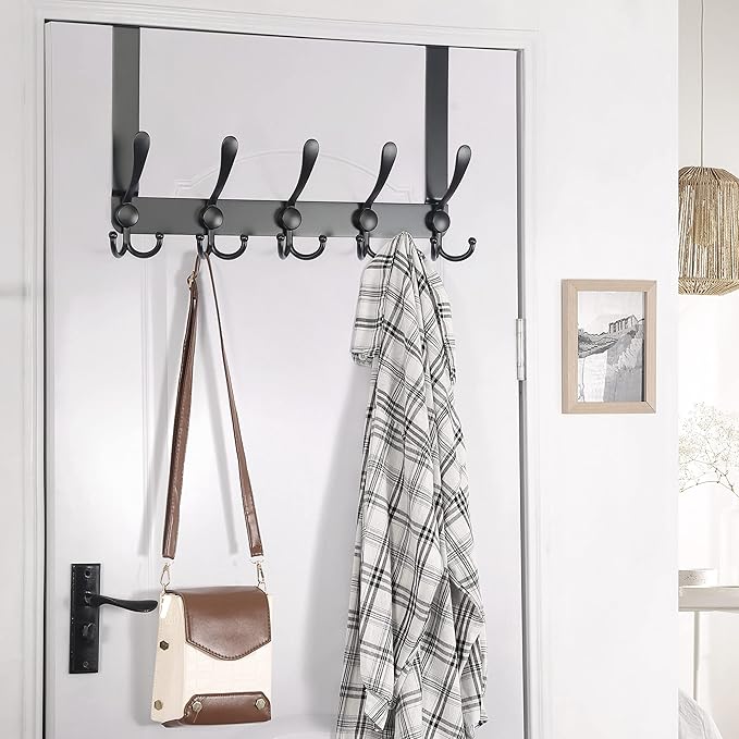 Dseap Over The Door Hook Hanger - Fits 1 3/8" to 1 3/4" Standard Doors | 5 Tri Hooks Heavy Duty Towel/Coat Rack | Door Organi