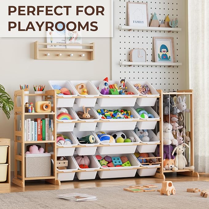 Storage Organizer with Bookshelf and Stuffed Animal Storage - Playroom Organization with Shelves and 12 Bins - Living Room Bo