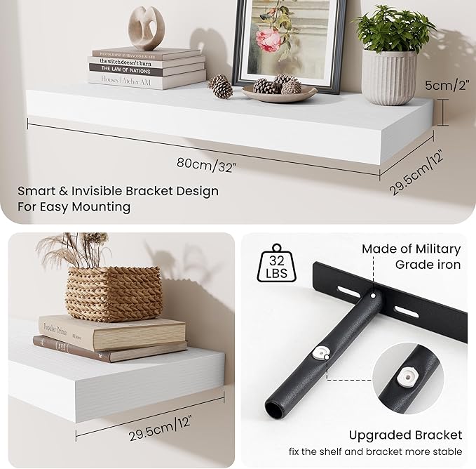 Fun Memories 32 x 12 Floating Shelves Wall-Mounted - Rustic Wood Shelf - 12 Inch Deep Floating Shelves for Wall - Large Stora