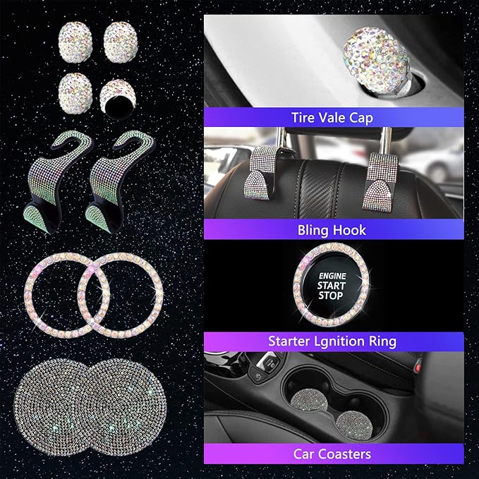 25PCS Bling Car Car Accessories Set,15 Inch Steering Wheel Cover,Shiny License Plate Frame,Center Console Cover and Rearview Mirror Set and Other Car Accessories(Multicolor)