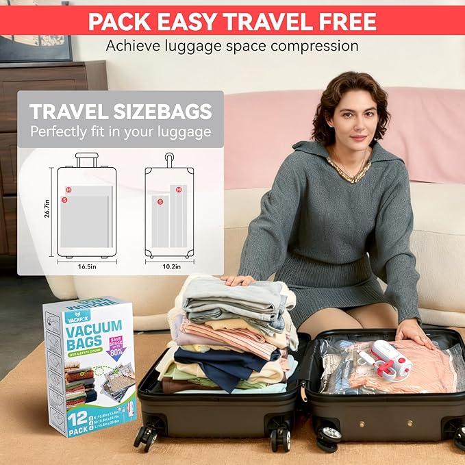12 Pack Vacuum Bags for Travel with USB & TYPE C Pump,Compression Packing Cubes for Luggage,Carry-on Space Saver Vacuum Seal 