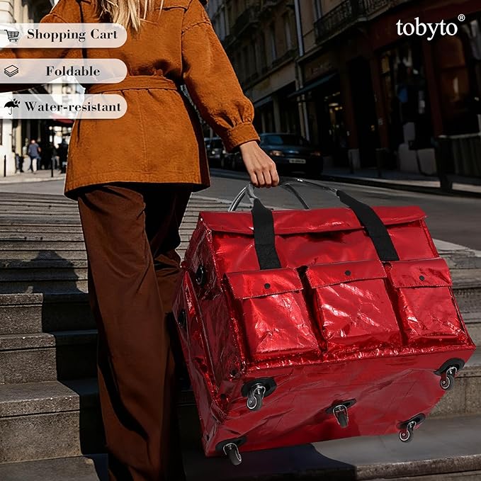 tobyto Reusable Grocery Bag on Wheels, 105L Foldable Rolling Tote, Shopping Trolley 66LBS Capacity - Water-Resistant for Laun