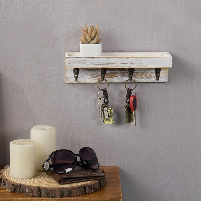 MyGift 10 Inch Floating Wall Shelf with Hooks, Whitewashed Wood Entryway Storage Shelf with 4 Metal Key Hooks