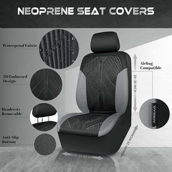 CAR PASS Waterproof Black Gray Car Seat Covers Front Seat Covers Neoprene Wetsuit,All-Weather Non-Slip Durable,Universal Fit 
