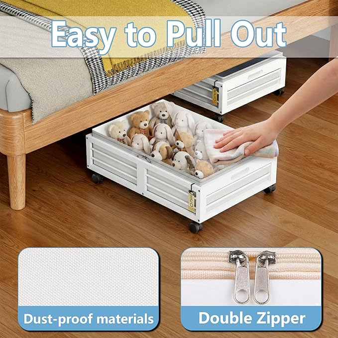 Under Bed Storage Containers with Wheels, Larger Bamboo Wood Under Furniture Storage Containers with Dust Bags，Rolling for Sh