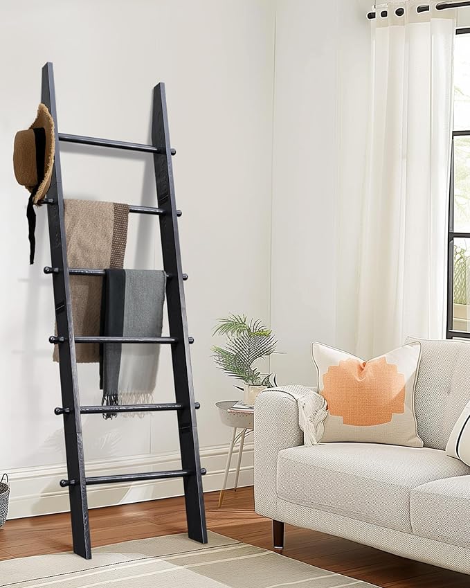 TEAKMAMA 6-Tier Blanket Ladder with Hanging Knobs, 5.5 Ft Wall Leaning Blanket Ladders for Living Room Bedroom,Rustic Decorat