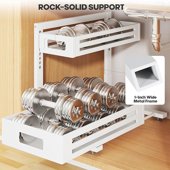 2 Pack 17IN-Depth Under Sink Organizer,Pull Out Cabinet Organizer With Smooth Cylindrical Rail,Metal Slide Out Drawer for Kit