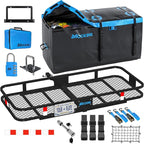 Mockins 60"x24"x6" Folding Trailer Hitch Cargo Carrier w/ 25 Cu Ft Waterproof Cargo Bag for Hitch Carrier | Heavy Duty 500 lbs Steel Luggage Rack for SUV, Car & Truck w/Plate Bracket & Accessories