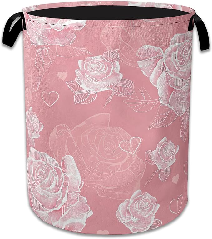 Pink Roses Large Storage Basket Collapsible Laundry Basket Oxford Storage Bin for Toy Bins Gift Baskets Bedroom Clothes Child