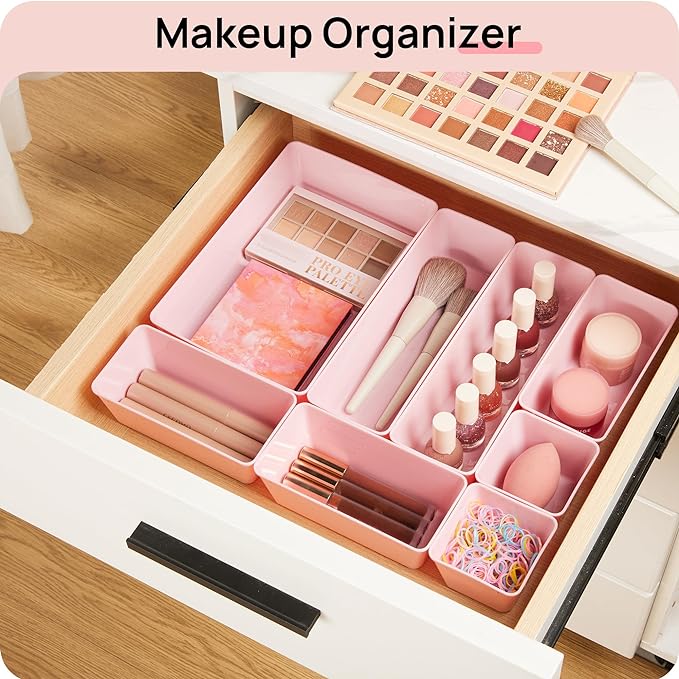 Vtopmart 44 PCS Plastic Drawer Organizers Set, 4-Size Versatile Bathroom and Vanity Organizer Trays, Non-Slip Storage Contain