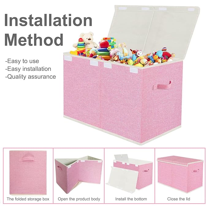VERONLY Large Collapsible Toy Storage Box with Lid & Handles - Kids Organizer Chest for Toys, Clothes, Blankets (Pink, Nurser