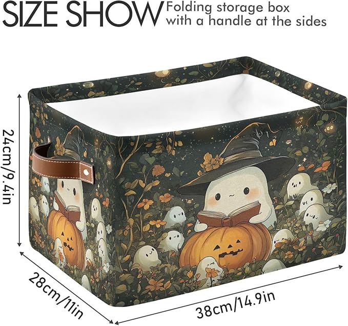 xigua Cute Ghost Wearing Witch Hat Storage Basket Foldable Storage Bin, Canvas Rectangular Storage Basket with Leather Handle