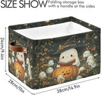 xigua Cute Ghost Wearing Witch Hat Storage Basket Foldable Storage Bin, Canvas Rectangular Storage Basket with Leather Handle