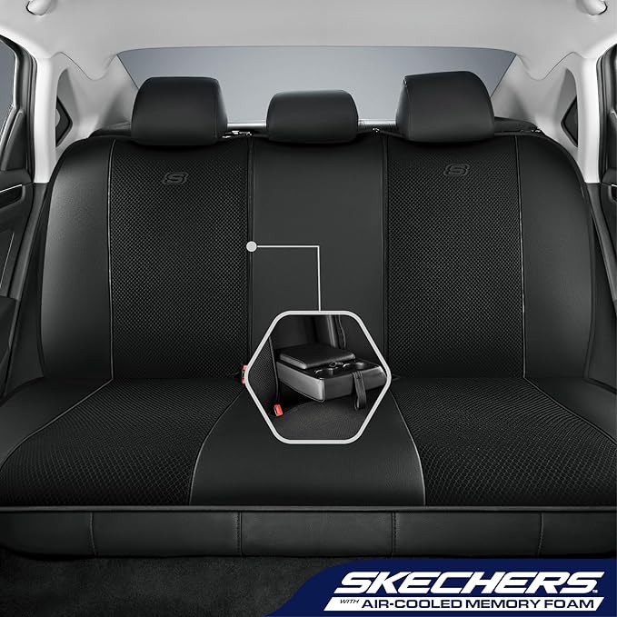 Skechers Air-Cooled Memory Foam Seat Covers,Mesh Thick Car Seat Covers,Piping Leather Car Seat Cover,Airbag Compatible,Automo