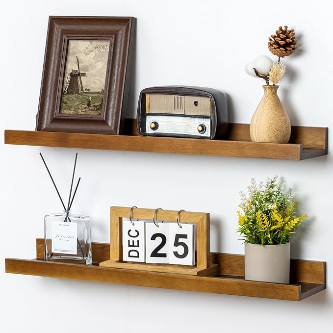 Picture Ledge Wall Shelves 24 inch Width Set of 2, Solid Pine Wood Rustic Floating Ledge Shelves for Wall for Kids' Room Bedr