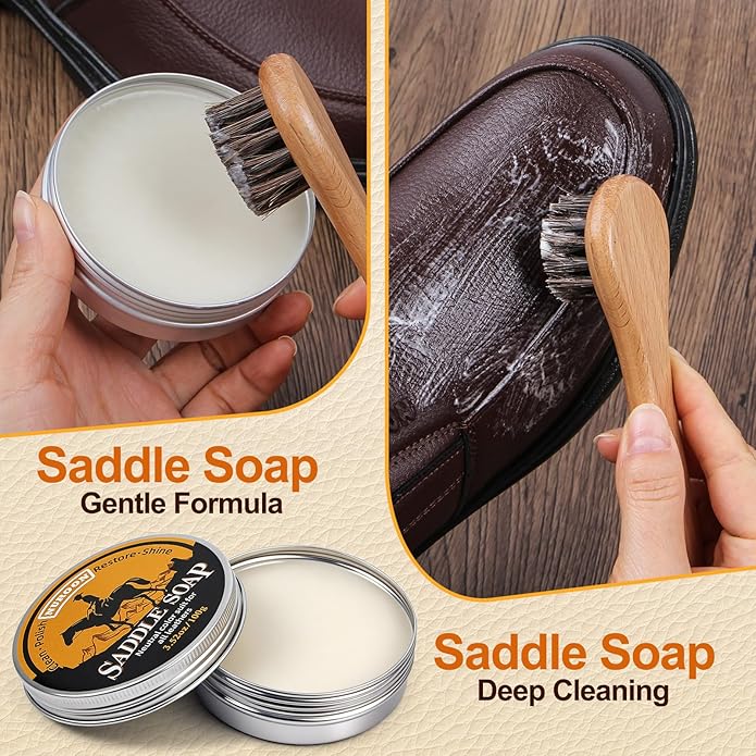 7 Pcs Leather Cleaner Boots Shoes Care Kit-3.52oz Saddle Soap for Leather Items Cleaning, 3.52oz Mink Oil for Shoes Polishing