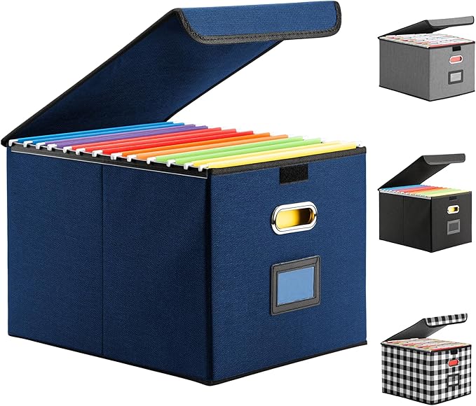 Hleelomi Collapsible File Box with Lid & Plastic Slide - Hanging Document Organizer for Office/Home, 14.96x12.6x10.83 Inch,De