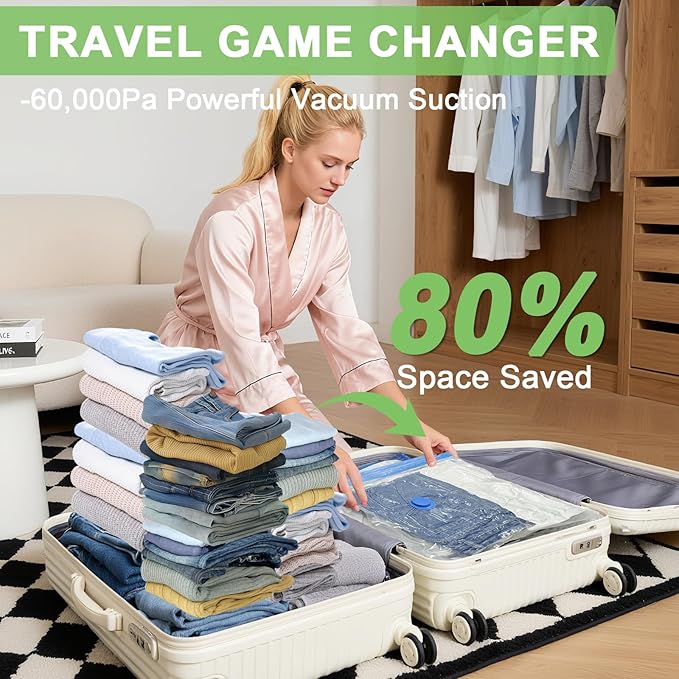 15 Pack Vacuum Seal Bags for Clothing Travel with -60000Pa USB Pump, Save 80% of Space for Clothes (15 Combo)