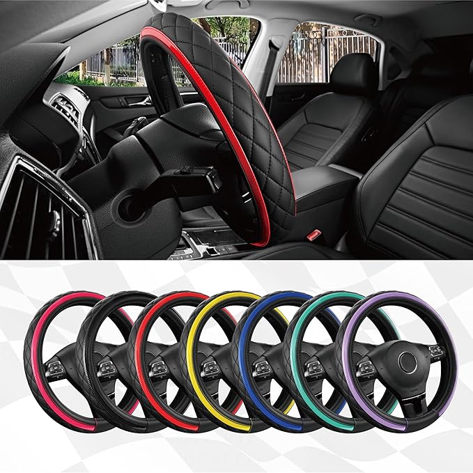 Road Comforts Leather Steering Wheel Cover – Black & Red Universal Fit 14.5-15 Inch, Microfiber Leather, Anti-Slip & Breathab