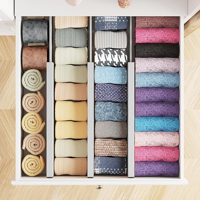 SpaceAid Bamboo Dresser Drawer Dividers 6 Pack, 4.65“ High Adjustable 12.5“-17” Drawer Organizers, Expandable Organization fo