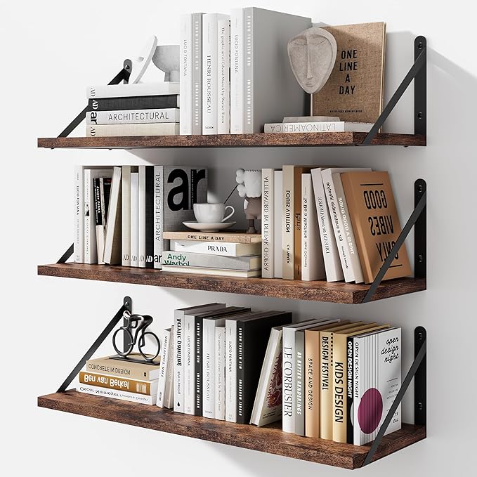 Floating Shelves for Wall, 24W x 8D Wide Bookshelf with Brackets Set of 3, Wood Wall Mounted Shelves for Living Room, Kitchen