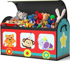 YOHOOLYO Toy Storage Organizer for Kids, 28.3x12.6x17.3 Large Sturdy Flip-Top Toy Box with Fabric Lid & Handles, Cute Train D