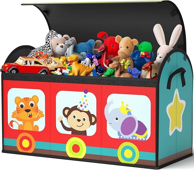 YOHOOLYO Toy Storage Organizer for Kids, 28.3x12.6x17.3 Large Sturdy Flip-Top Toy Box with Fabric Lid & Handles, Cute Train D