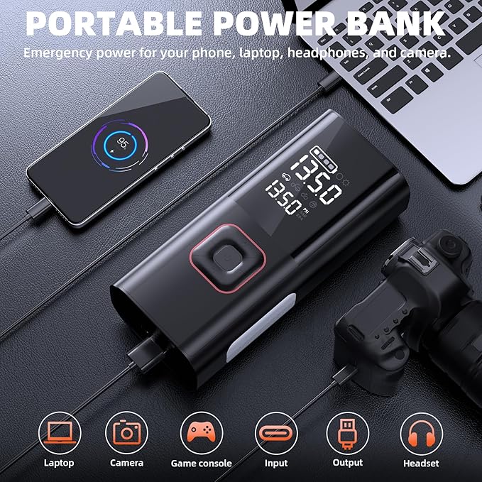 Jump Starter with Air Compressor, 5000A Battery Jumper Starter Portable (9L Gas/8L Diesel) with 160PSI Auto-Shutoff Tire