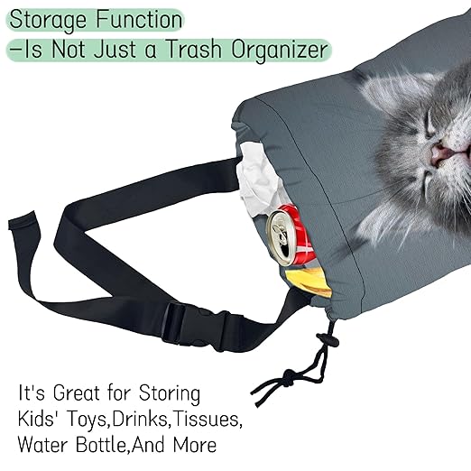 Adorable Cat Car Garbage Bag,Kitten Yawning Waterproof Small Car Trash Bag Hanging Back of Seat,Drawstring Hanging Car Trash Bag with Adjustable Buckle for Car Accessories