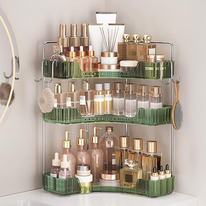 3-Tier Green Corner Organizer, PET Counter Storage with Hooks | Multi-Surface Organizer for Bathroom Vanity & Kitchen Counter