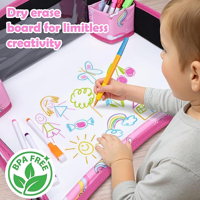 Kids Travel Tray for Toddler Carseat, Road Trip Activities Essentials for Toddler, Kids Lap Desk Tray with Tablet Holder Stand ＆ Dry Erase Board (Pink Unicorn)