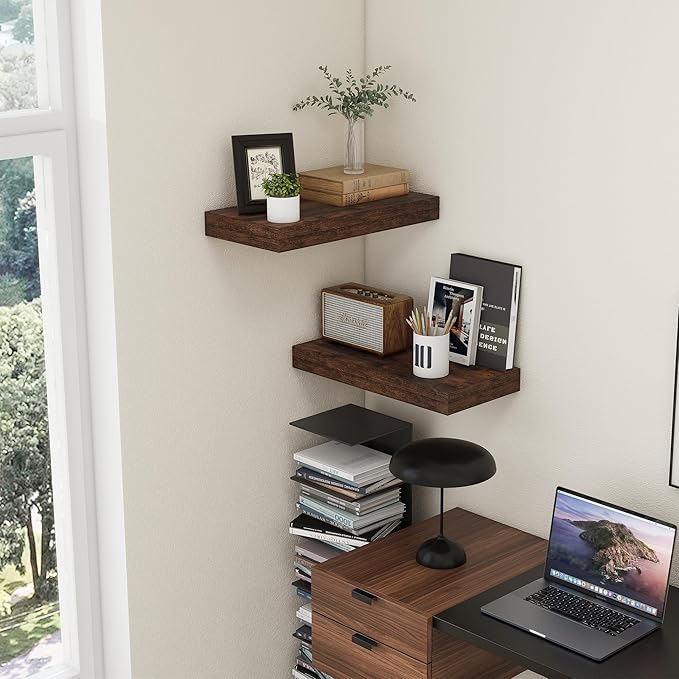 Deep Floating Shelves | 24 Inch Brown Floating Shelves Set of 2 | 12 Inch Deep Rustic Wood Shelves for Wall | 24" W x 12" D B