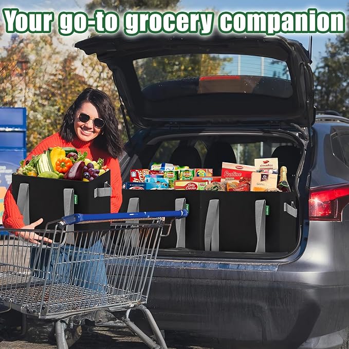 Reusable Grocery Bags (3 Pack ) - Heavy Duty Eco Tote Bags with Box Shape to Stand Up, Hold Up to 65 Lbs - Stay Open & Fold Flat - Foldable Reusable Shopping Bags with Long Handles & Hard Bottom