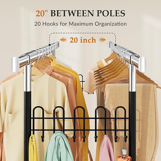 Gewudraw Heavy Duty Clothes Rack with Metal Basket, 1060 LBS Rolling Double Rod Garment Rack, Portable Extendable Clothing Ra