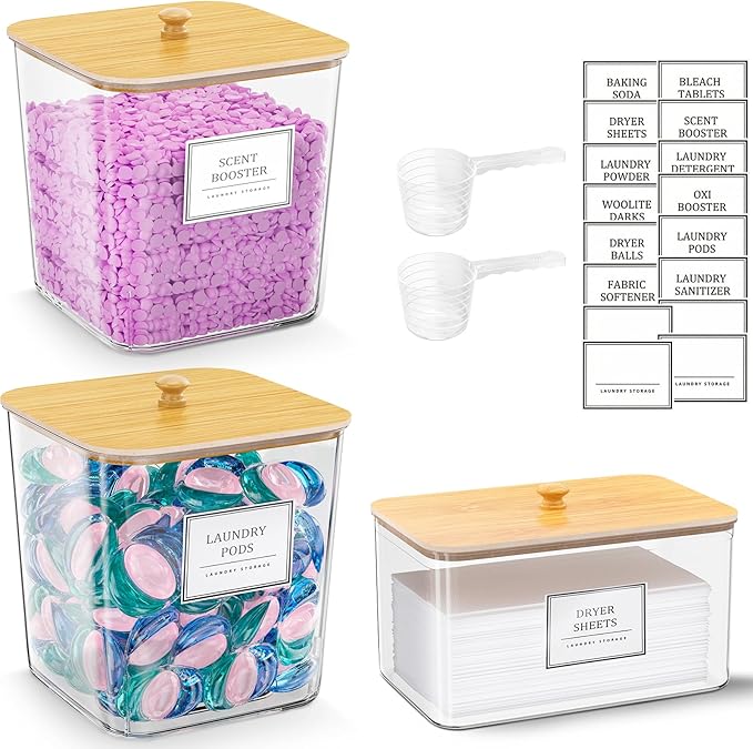 2+1 Pack Laundry Pods Container,Clear Laundry Detergent Powder Storage Containers,Laundry Room Organization Containers with W