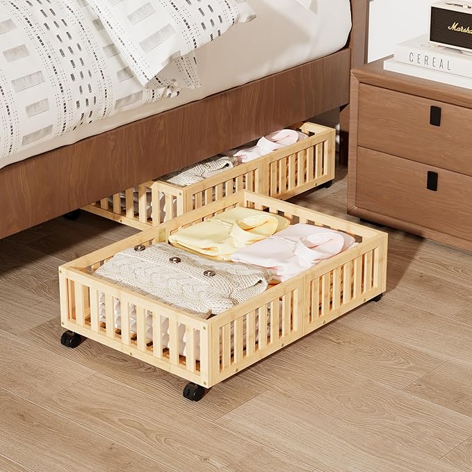 Bamboo Under Bed Storage with Wheels,Rolling Underbed Shoe Organizer Box for Shoes,Blankets,Toys,Clothes Container Space-Savi