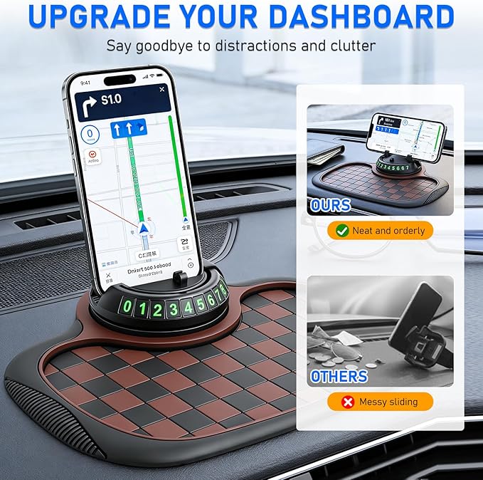 Multifunctional Car Anti-Slip Mat,Car Dashboard Mat,360° Rotatable Phone Holder Dashboard Pad with Temporary Parking Number,C