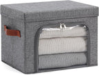 Large Storage Bins Boxes with Lids Clear Window Zipper Closure Decorative Cotton Linen Fabric Baskets with PU Leather Handles
