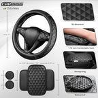 CAR PASS 3D Memory Foam Leather Car Steering Wheel Cover Set, Comfortable Rhombus Leather Center Console Armrest Cushion with Storage Bags Non-Slip 14.5-15in Car Interior Covers Sets, 4 PCS All Black