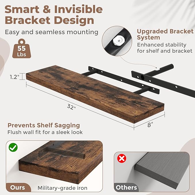 32 Inch Floating Shelves for Wall Set of 2, 8"D Wood Grain Bathroom Shelves with Invisible Brackets, Easy Install Engineered 