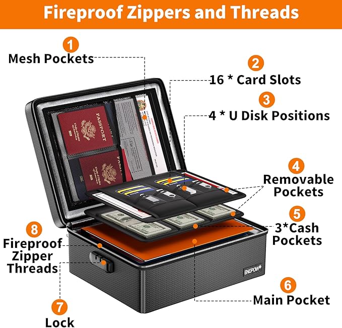 ENGPOW Fireproof Document Box with Lock, Fireproof Water Resistant Heat Insulated Safe Box Hard Case with Fireproof Zipper, P
