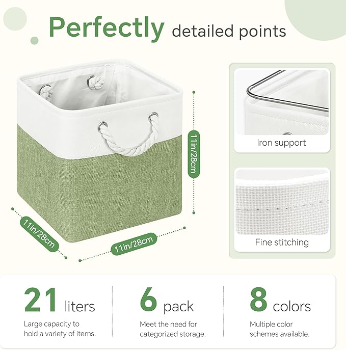 FinishingBo Fabric Cubes Storage Basket, 6 Pack 11x11 in with Handles Cube Storage Bins, for Shelves, Home, Office Organizers