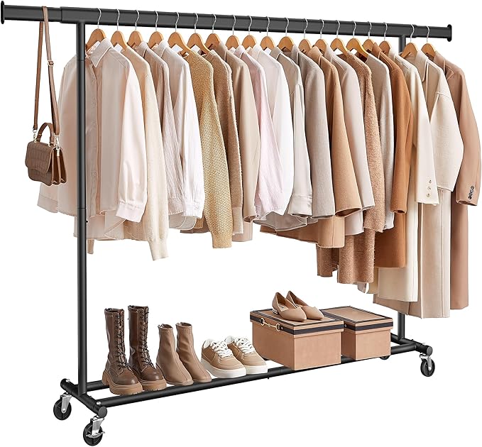 SONGMICS Clothes Rack with Wheels, Heavy-Duty Clothing Rack for Hanging Clothes, Portable, 17.7 x (63-78.7) x 63.6 Inches, wi