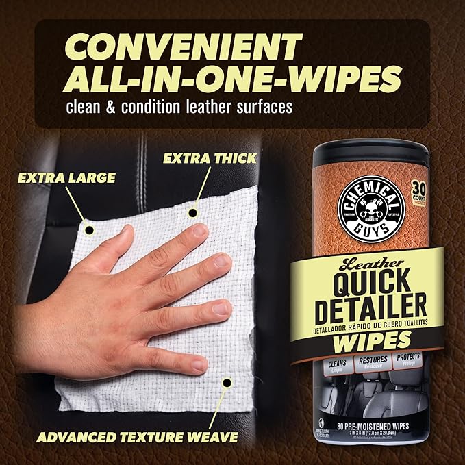 Chemical Guys Leather Quick Detailer Wipes in Canister (30 ct) (2 Pack) – Easy-Clean Conditioning Wipes for Leather Seats, In