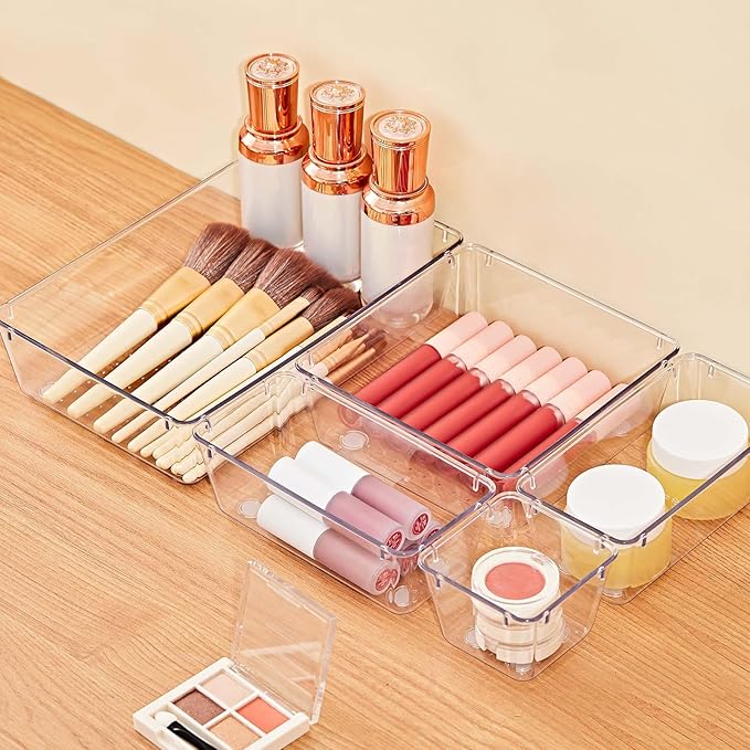 SMARTAKE 22-Piece Drawer Organizer with Non-Slip Silicone Pads, 5-Size Clear Desk Drawer Organizer Trays Storage Tray for Mak