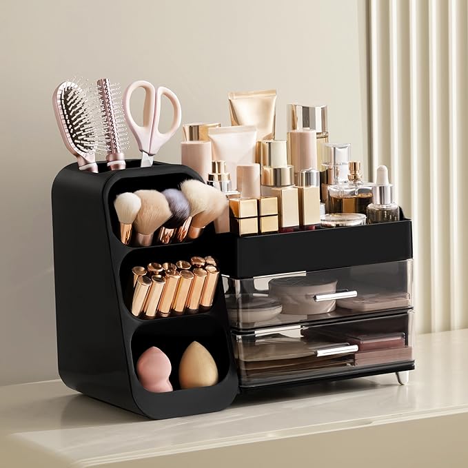HBlife Makeup Organizer with Brush Holder for Vanity, Large Plastic Bathroom Countertop Organizer Cologne Organizer for Men, 